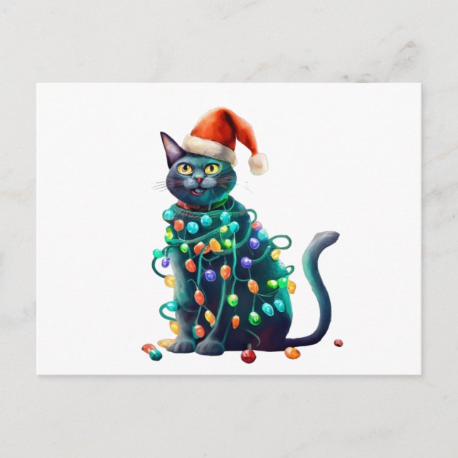 Watercolor Christmas Santa Cat Tree Lights Postcard (Front)
