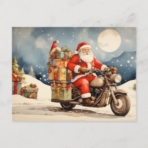 Watercolor Christmas Santa Claus on Motorcycle Holiday Postcard