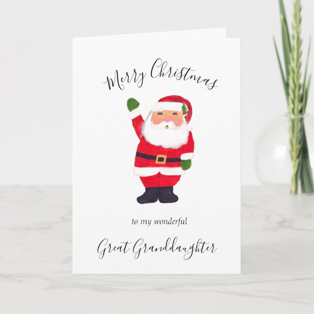 Watercolor Christmas Santa Great Granddaughter Holiday Card (Front)