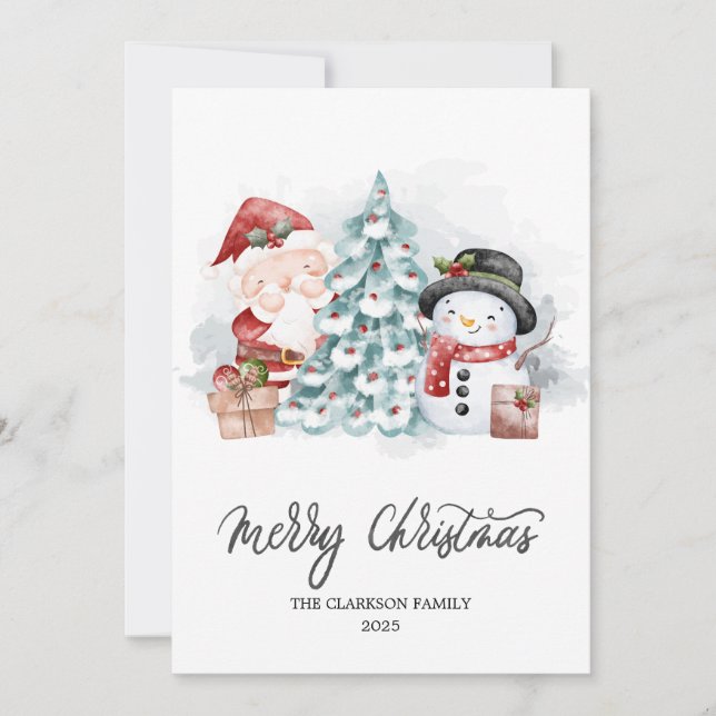 Watercolor Christmas Santa Snowman Cute Xmas Holiday Card (Front)