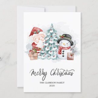 Watercolor Christmas Santa Snowman Cute Xmas Holiday Card