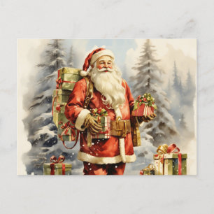 Watercolor Christmas Santa with Presents Holiday Postcard