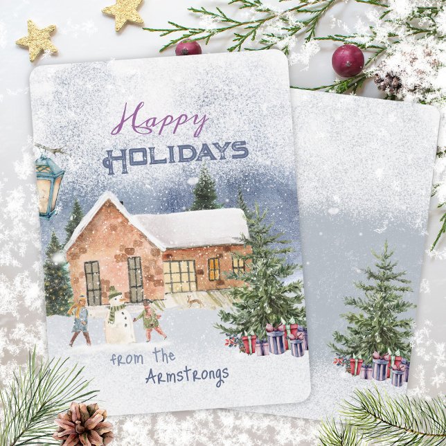 Watercolor Christmas Snowman Family Scene Holiday Card (Watercolor Christmas Snowman Family Scene Holiday Card ©Susanne Sachers - Sunny Mind 🌞)