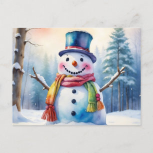 Watercolor Christmas Snowman in Winter Forest Holiday Postcard