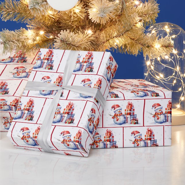 Watercolor Christmas Snowmen In Snowflakes Wrapping Paper (Holidays)