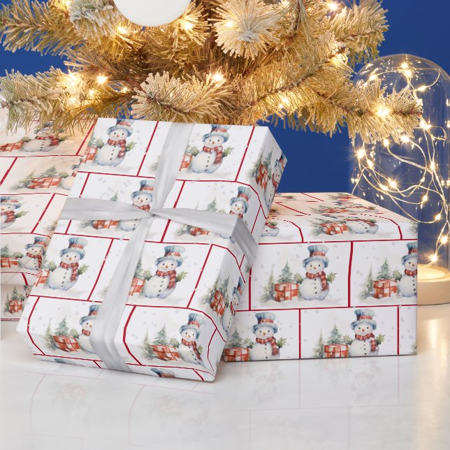 Watercolor Christmas Snowmen In Snowflakes Wrapping Paper (Holidays)