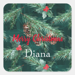 Watercolor Christmas spruce with cones Square Sticker