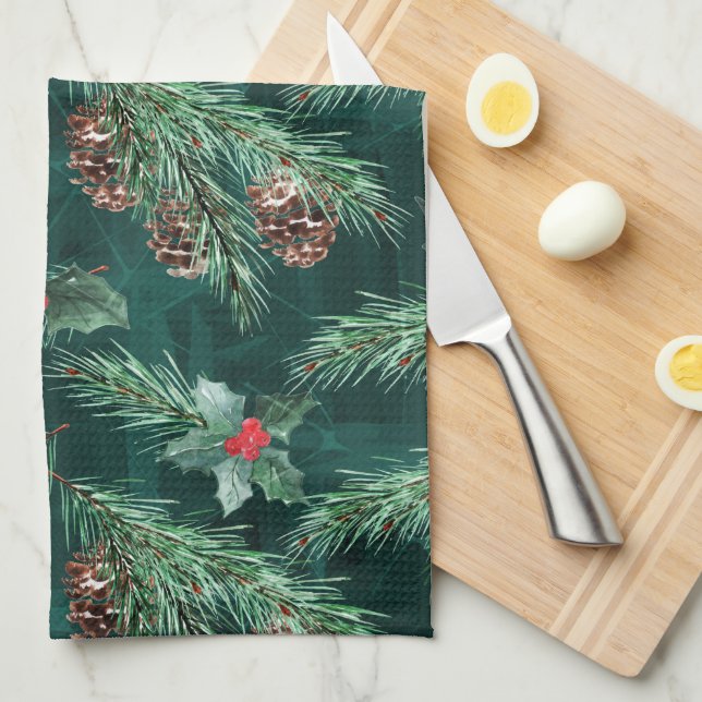 Watercolor Christmas spruce with cones Tea Towel (Quarter Fold)