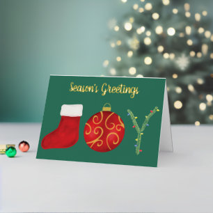 Watercolor Christmas Stocking Ornament Tree Joy Foil Holiday Card