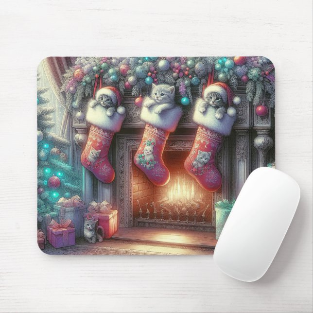 Watercolor Christmas Stocking With Kittens Mouse Pad (With Mouse)