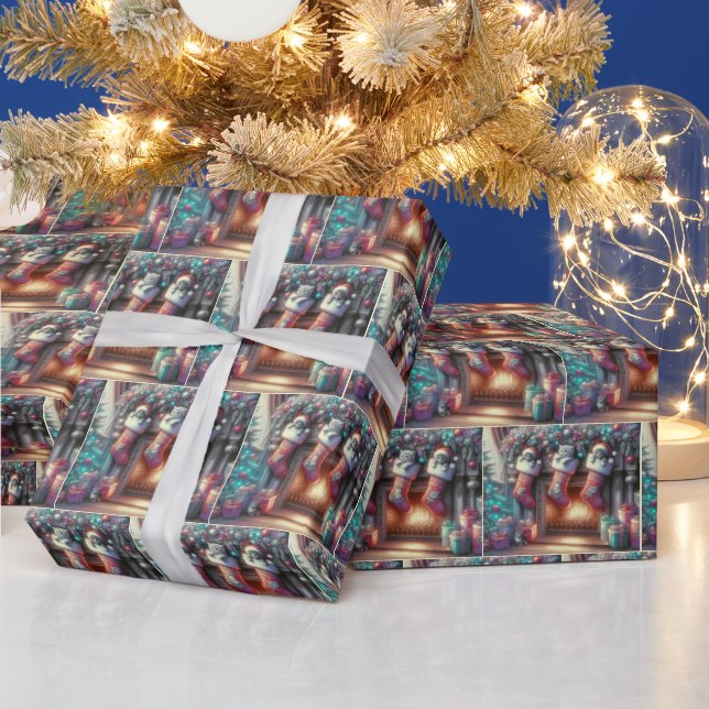 Watercolor Christmas Stocking With Kittens Wrapping Paper (Holidays)