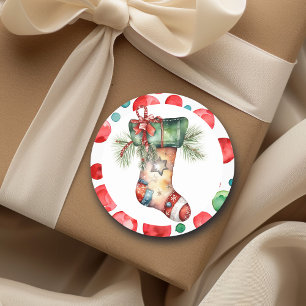  Watercolor Christmas Stocking with Polka Dots Classic Round Sticker