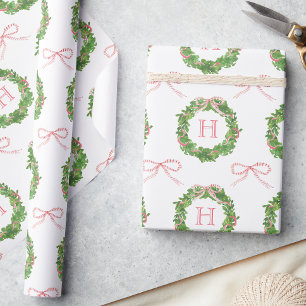 Watercolor Christmas Striped Bow Monogram Wreath Wrapping Paper