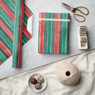Watercolor Christmas stripes green red pattern Wrapping Paper