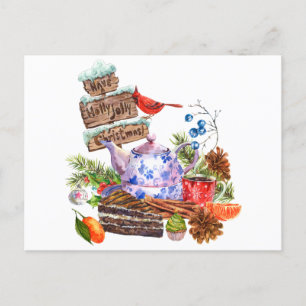 Watercolor Christmas Tea and Cake Time  Postcard