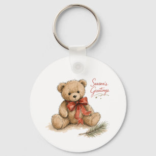 Watercolor Christmas Teddy Bear Key Ring