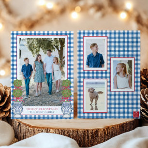 Watercolor Christmas Topiary Gingham Photo Holiday Card