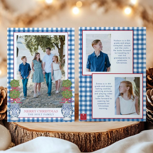 Watercolor Christmas Topiary Gingham Photo Holiday Card (Creator Uploaded)