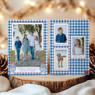 Watercolor Christmas Topiary Gingham Photo Holiday Card