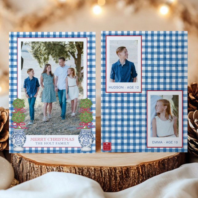 Watercolor Christmas Topiary Gingham Photo Holiday Card (Creator Uploaded)