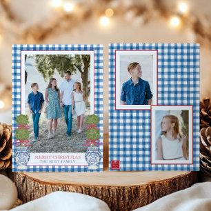 Watercolor Christmas Topiary Gingham Photo Holiday Card
