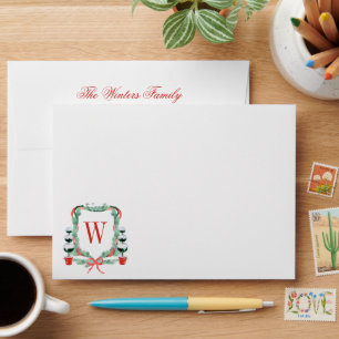 Watercolor Christmas Topiary Monogram Crest Envelope