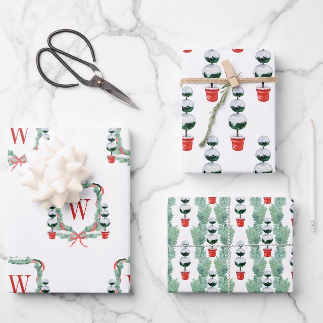 Watercolor Christmas Topiary Monogram Crest Wrapping Paper Sheet (Front)