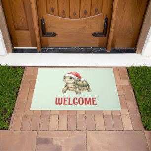 Watercolor Christmas Tortoise Santa Hat Doormat