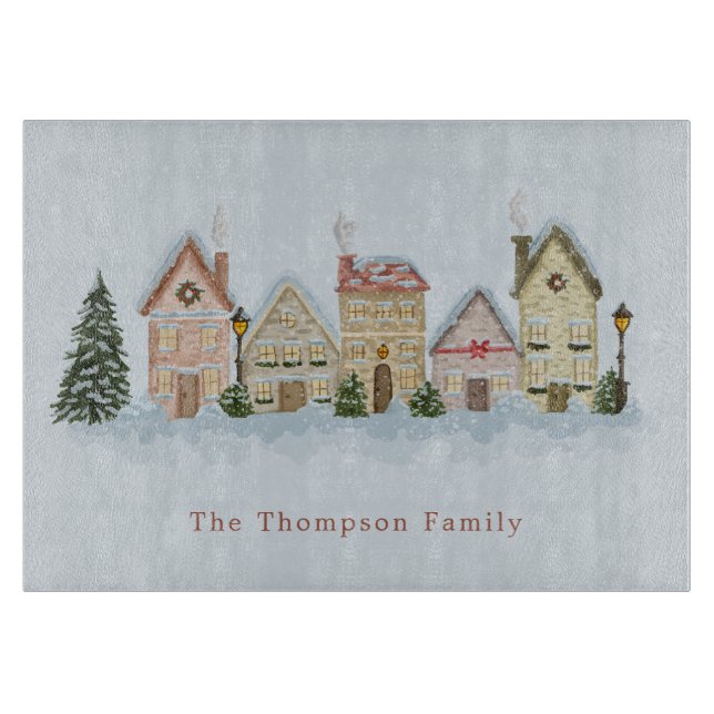 Watercolor Christmas Town Personalized Family Name Cutting Board (Front)