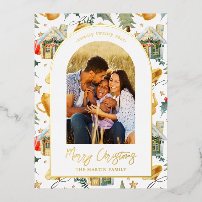 Watercolor Christmas Town Photo Foil Holiday Postcard (Front)