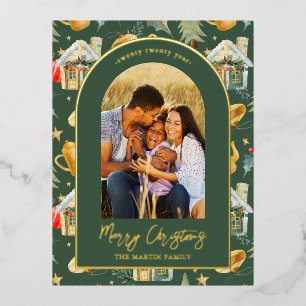 Watercolor Christmas Town Photo Green Foil Holiday Postcard