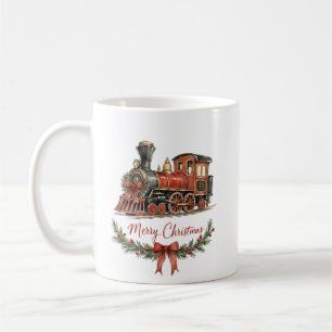Watercolor Christmas Train with Wreath Coffee Mug