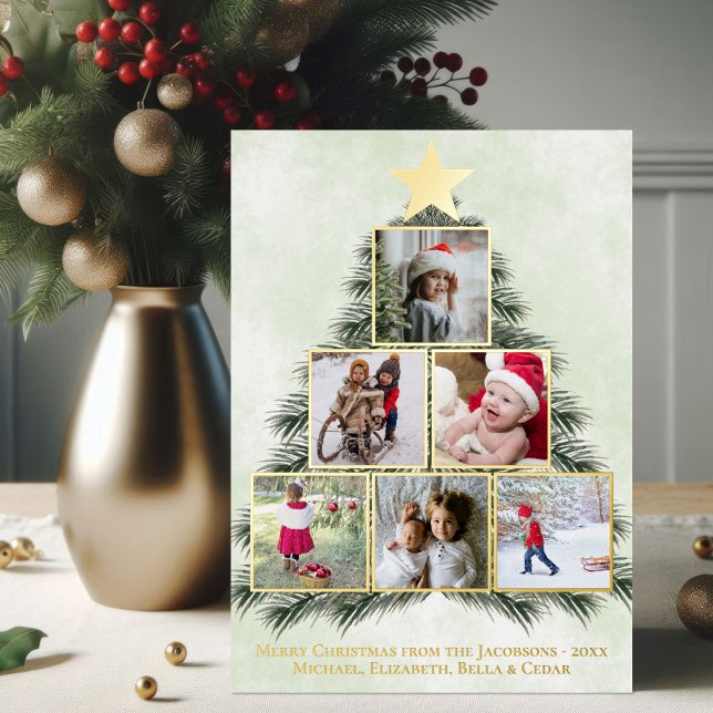 Watercolor Christmas Tree 6 Photo Collage Festive (Real foil printing and accents!)