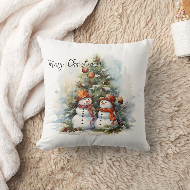 Watercolor Christmas Tree and Snowmen  Cushion (Blanket)