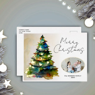 Watercolor Christmas Tree Artistic Photo Gold Foil Holiday Postcard