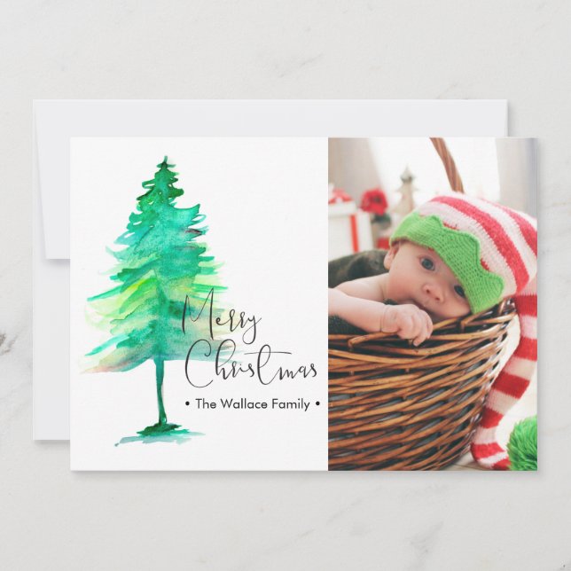 Watercolor Christmas Tree Baby family photo Holiday Card (Front)