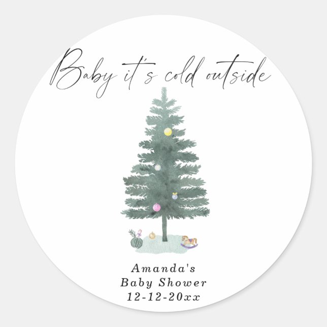 Watercolor Christmas tree baby shower Classic Round Sticker (Front)