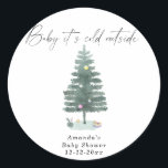 Watercolor Christmas tree baby shower Classic Round Sticker<br><div class="desc">Winter christmas tree Baby shower party. Christmas tree evergreen. Watercolor pine tree. Gender neutral style. Matching items available.</div>