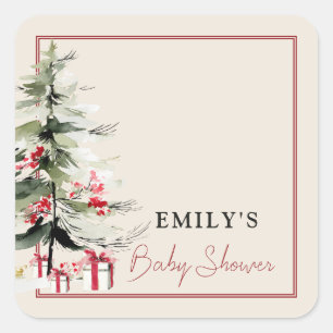 Watercolor Christmas Tree Baby Shower Greenery Square Sticker