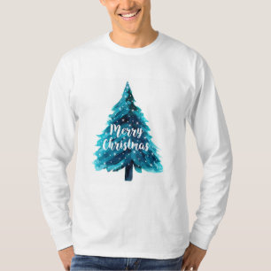Watercolor Christmas Tree blue White Typography T-Shirt