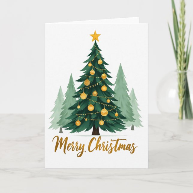 Watercolor Christmas Tree Card Gold Ornaments (Front)