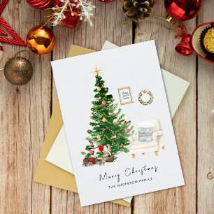 Watercolor Christmas Tree & Chair Christmas  Holiday Card