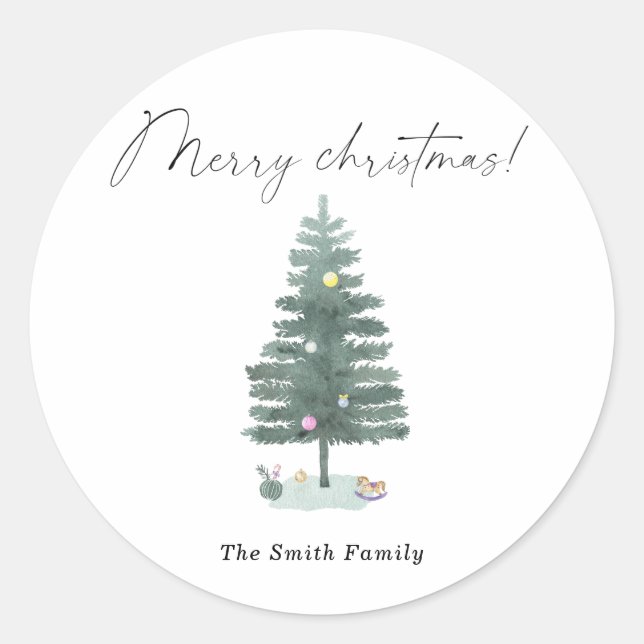 Watercolor Christmas tree Classic Round Sticker (Front)