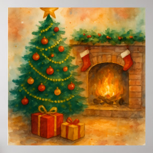 Watercolor Christmas Tree & Cozy Fireplace Holiday Poster