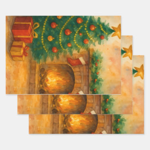 Watercolor Christmas Tree & Cozy Fireplace Holiday Wrapping Paper Sheet