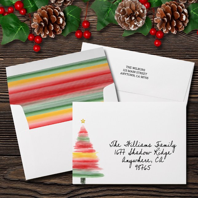 Watercolor Christmas Tree Envelope (FREE return address printing!)