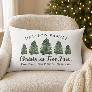 Watercolor Christmas Tree Farm Family Name Lumbar Cushion