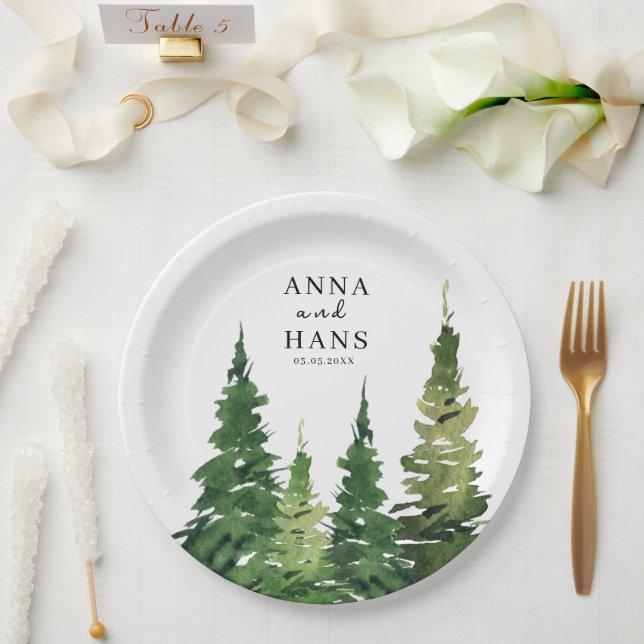 Watercolor Christmas Tree Festive Wedding Paper Plate (Wedding)