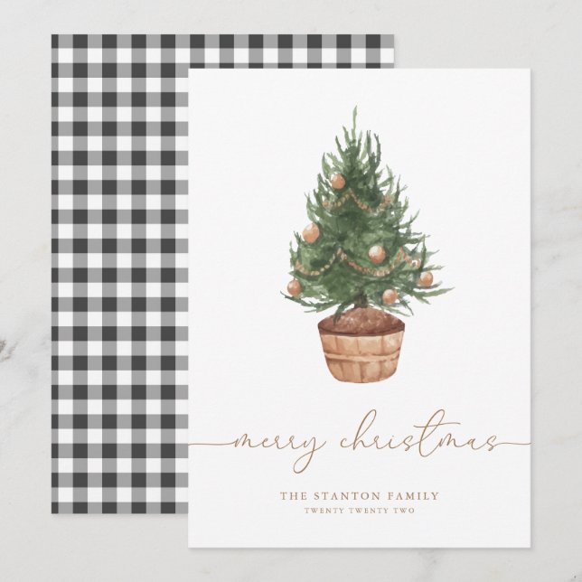 Watercolor Christmas Tree Gingham | Holiday Card (Front/Back)