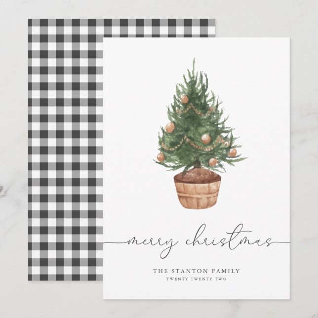 Watercolor Christmas Tree Gingham | Holiday Card (Front/Back)
